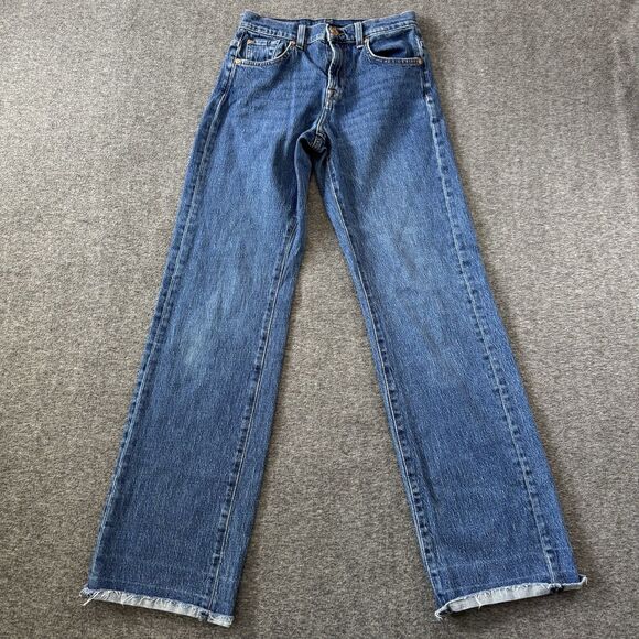 7 For All Mankind Tess Blue Bell Jeans Womens 24 Boho Denim USA Raw Hem 25x32 - Picture 2 of 14